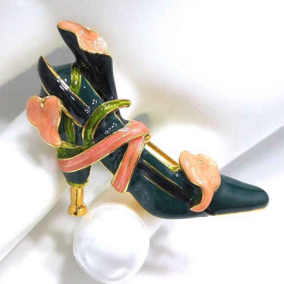 Vintage Kenneth Jay Lane Enamel High Heel Shoe Brooch, Green & Pink Lily Design - Picture 7 of 10